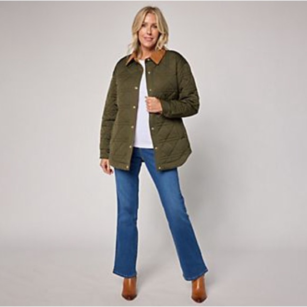 Belle by Kim Gravel Corduroy Collar Snap Front Quilted Jacket Olive XXS, S, L